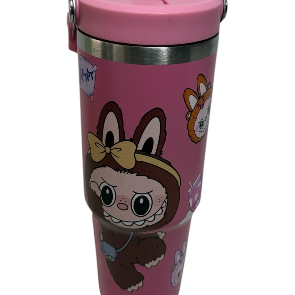 Pink Tumbler with Cute Cartoon Characters labubuu